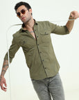 Olive Double Pocket Slim Fit Shirt