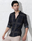 Navy blue slim fit digital checks printed shirt