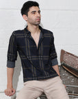 Navy blue slim fit digital checks printed shirt