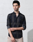 Navy blue slim fit digital checks printed shirt