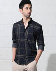 Navy blue slim fit digital checks printed shirt