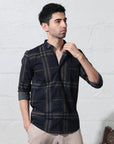 Navy blue slim fit digital checks printed shirt