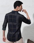 Navy blue slim fit digital checks printed shirt