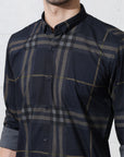 Navy blue slim fit digital checks printed shirt