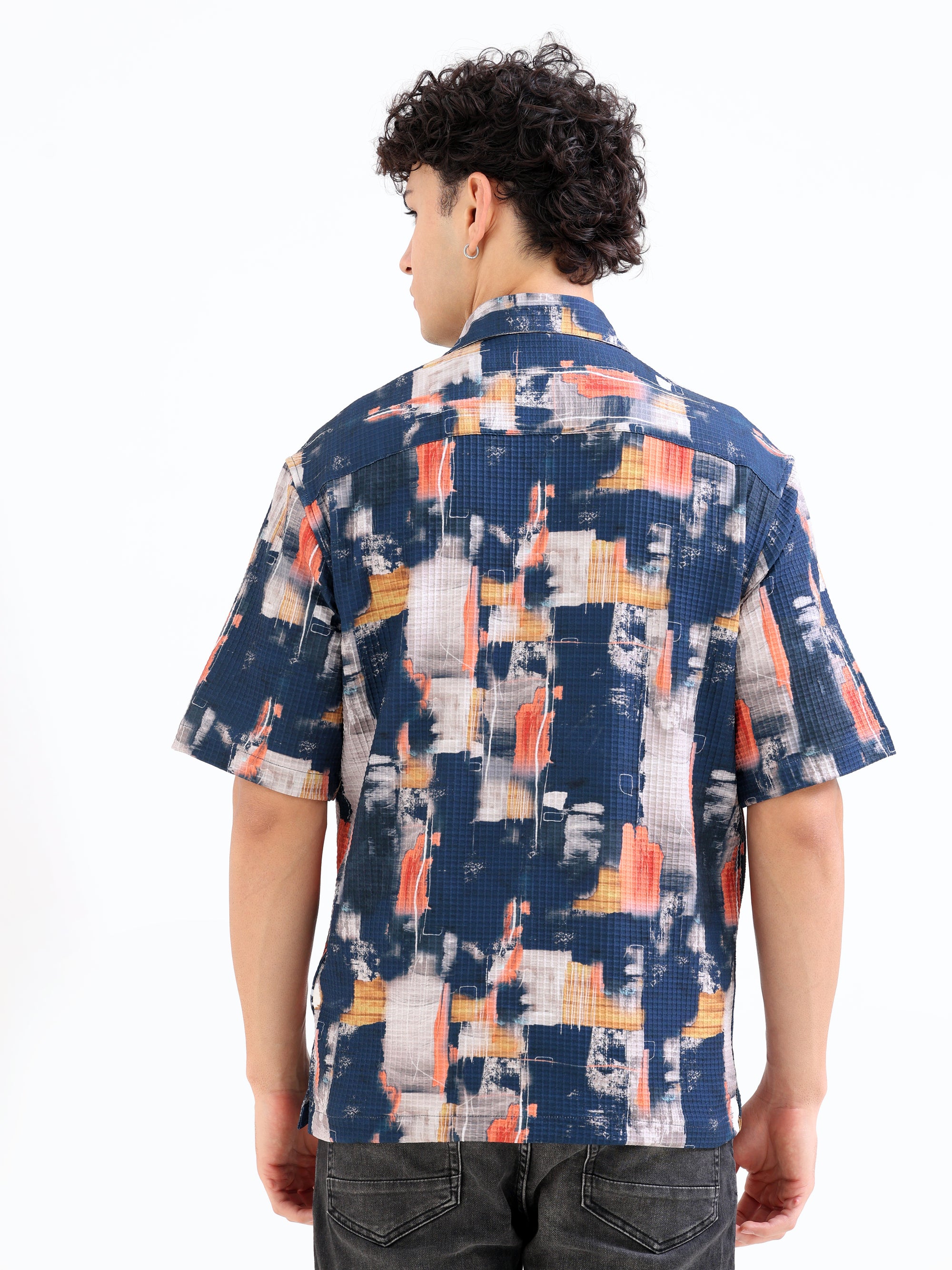 Overhanging Half Sleeve Black Printed Shirt