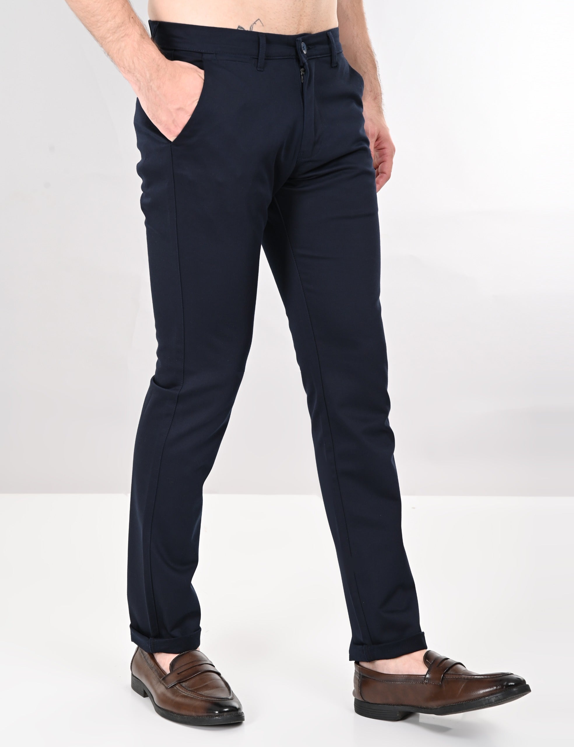 Comfort Fit Navy Blue Cotton Pants