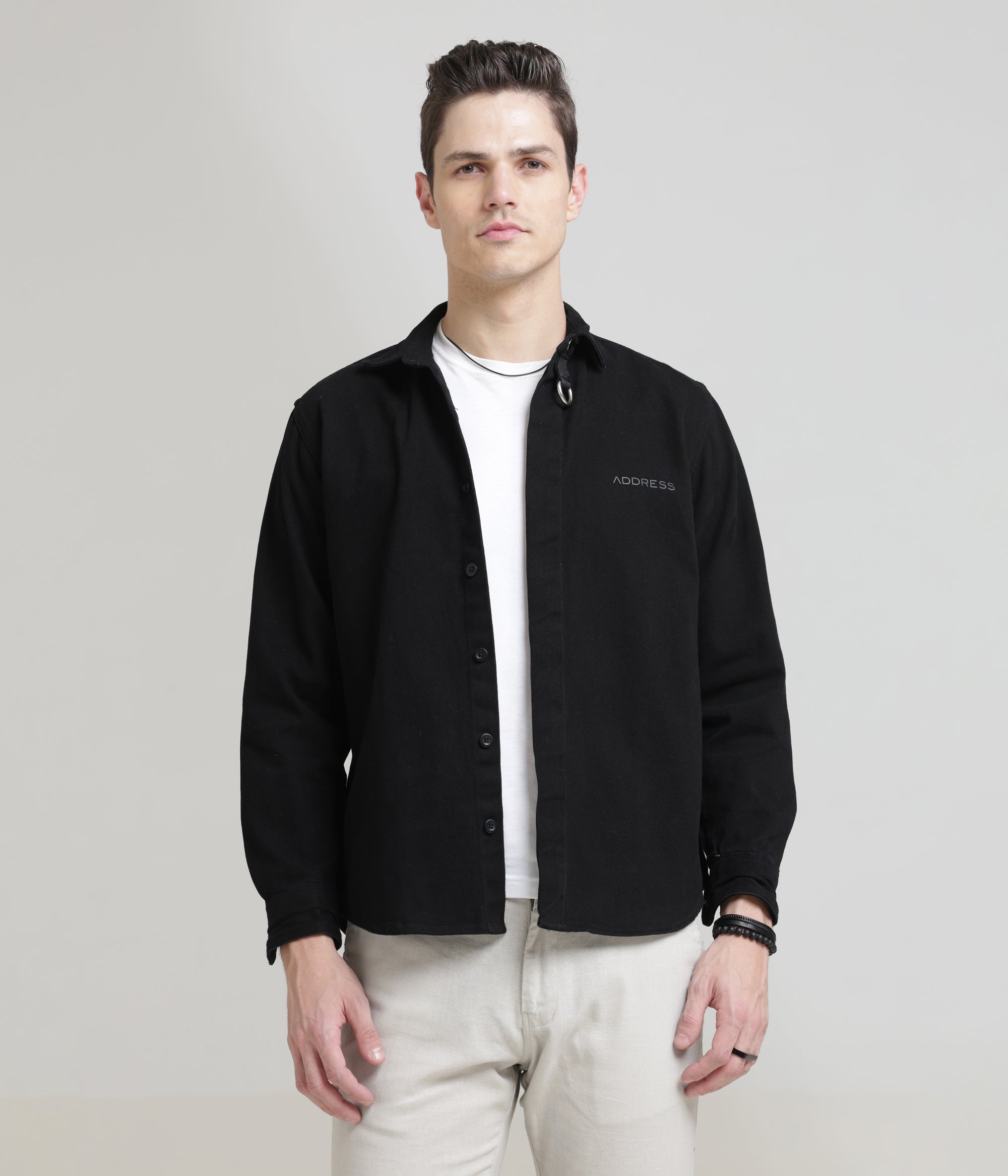 Black Classic Fit Heavy Twill Shirt: Hidden Placket, All-Day Comfort