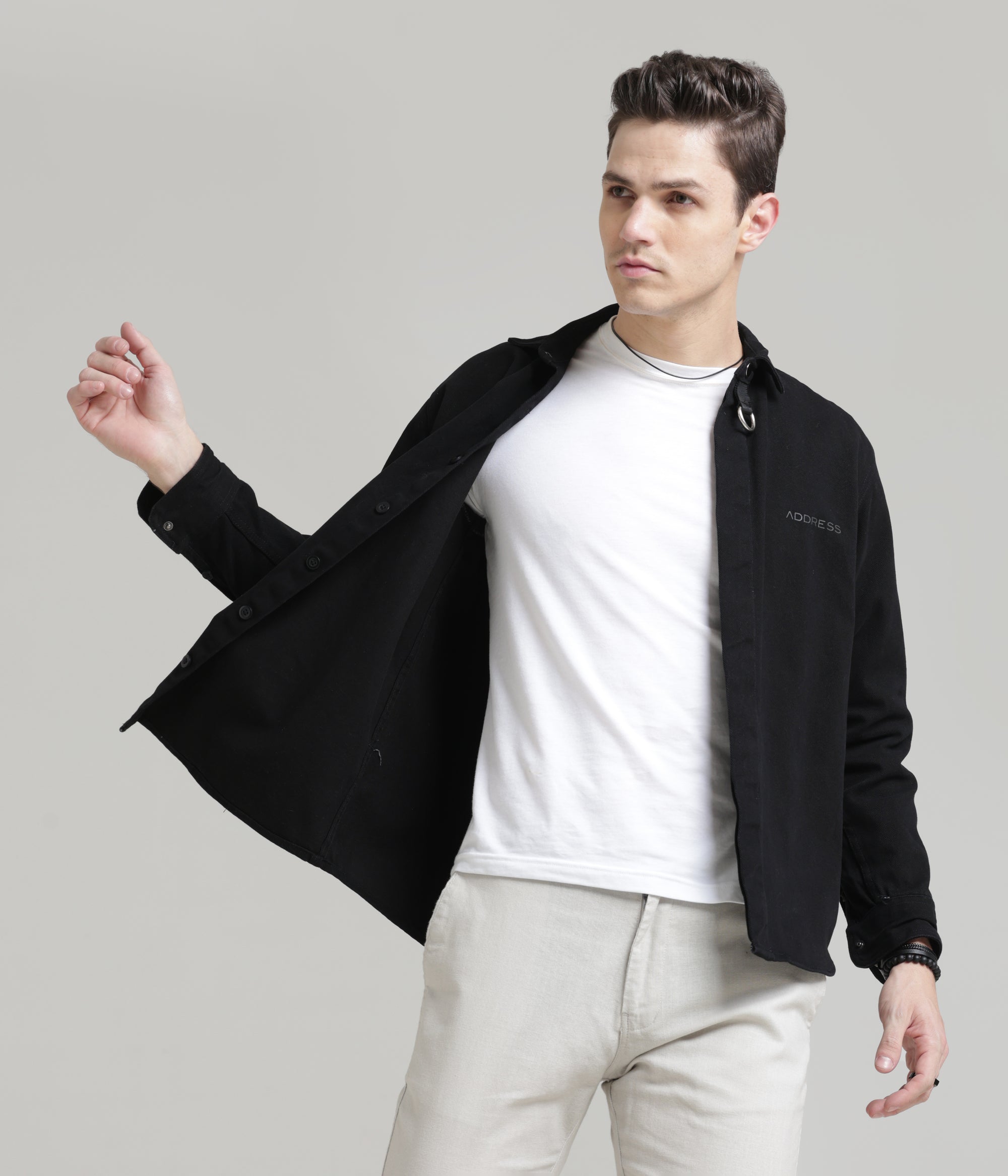 Black Classic Fit Heavy Twill Shirt: Hidden Placket, All-Day Comfort