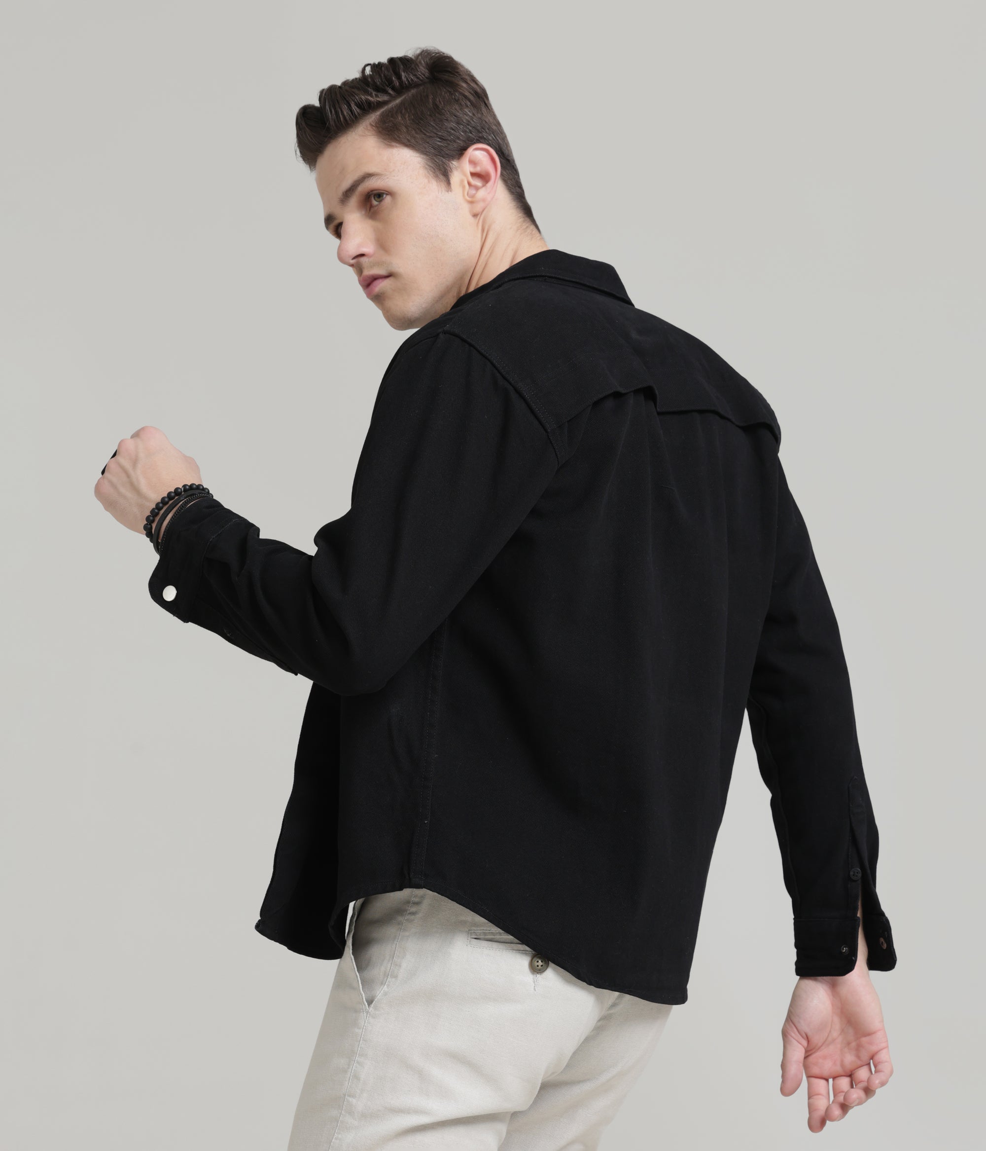 Black Classic Fit Heavy Twill Shirt: Hidden Placket, All-Day Comfort