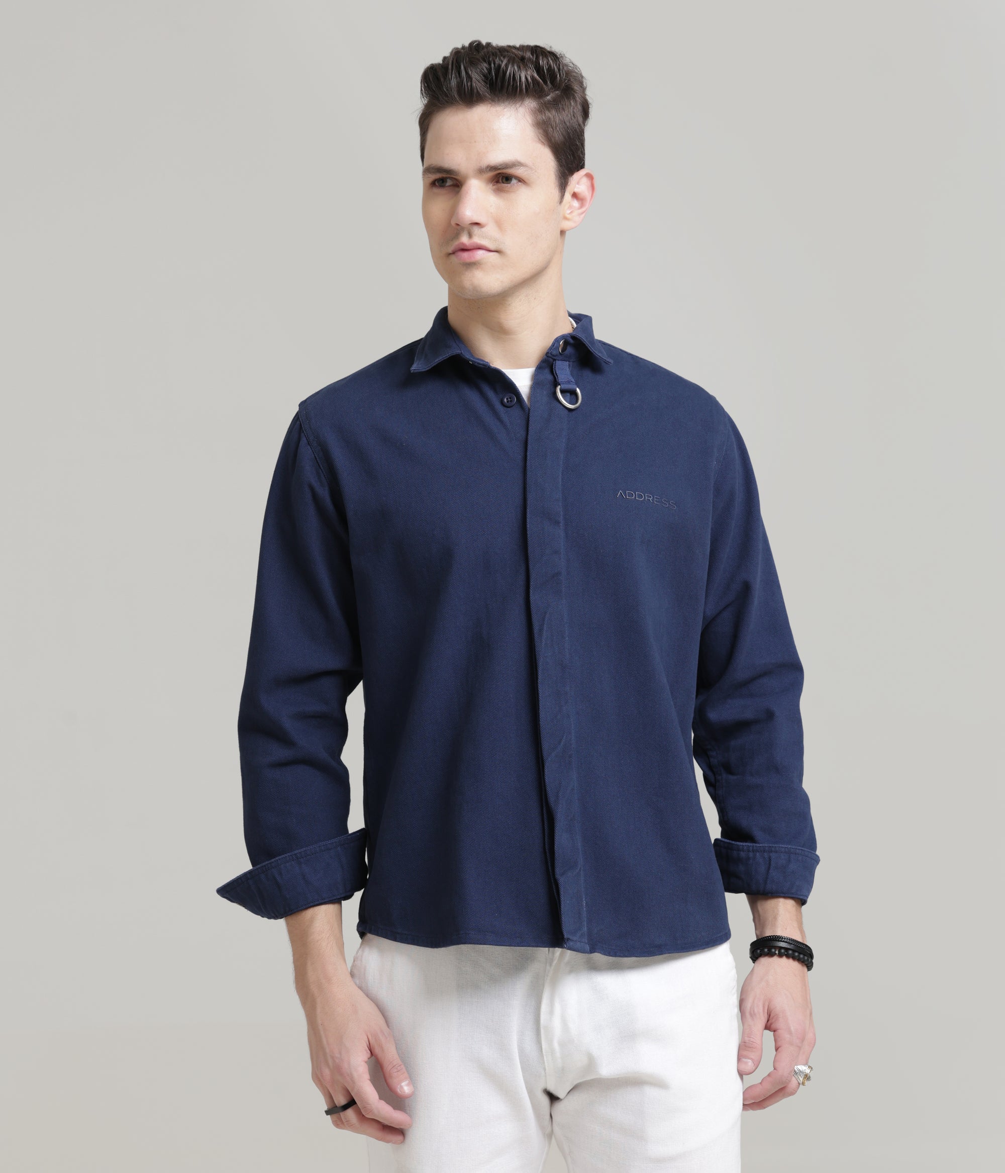 Navy Classic Fit Heavy Twill Shirt with Hidden Placket