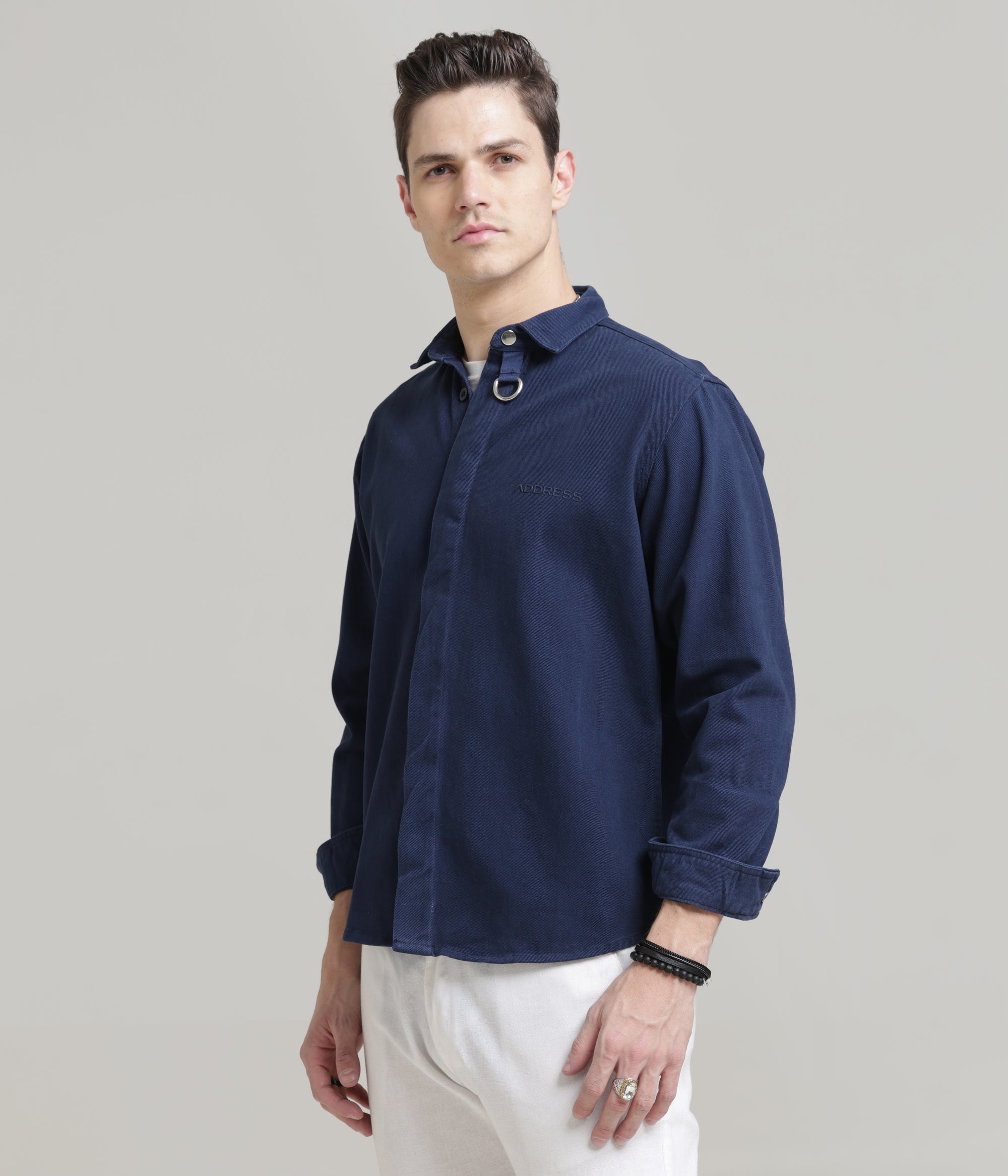 Navy Classic Fit Heavy Twill Shirt with Hidden Placket