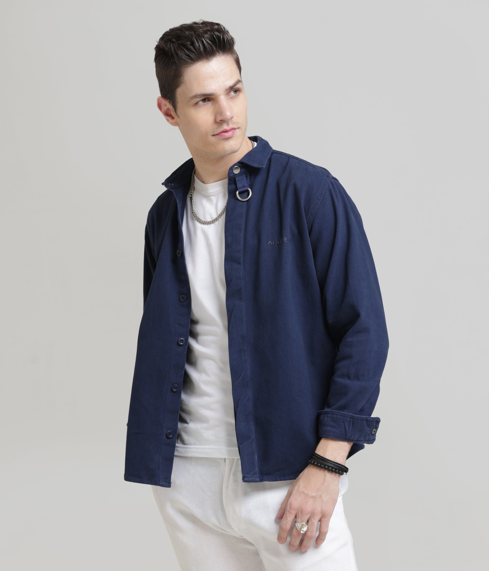 Navy Classic Fit Heavy Twill Shirt with Hidden Placket