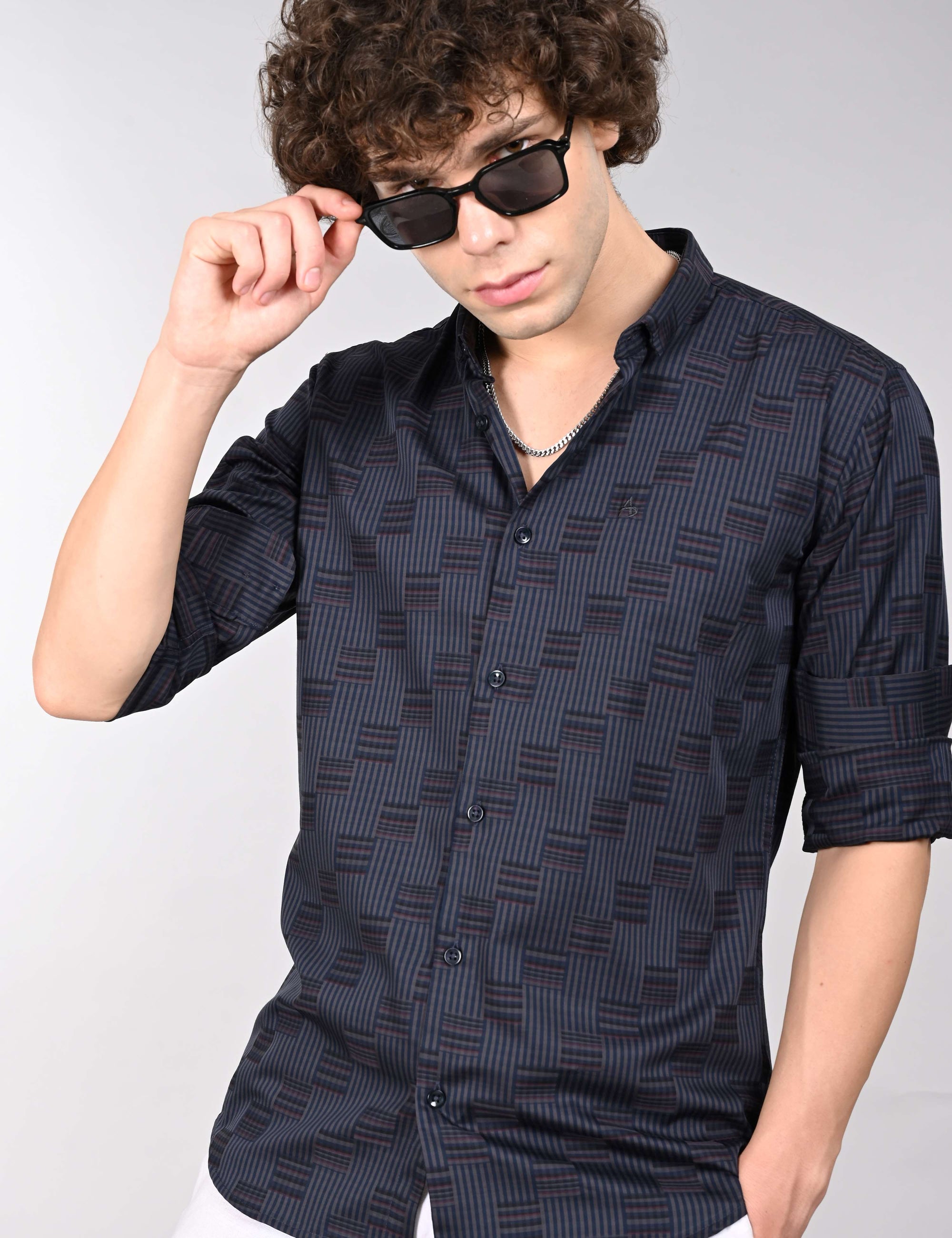 Navy blue and grey supima slim fit shirt