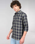 Russian green check full sleeve slim fit shirt