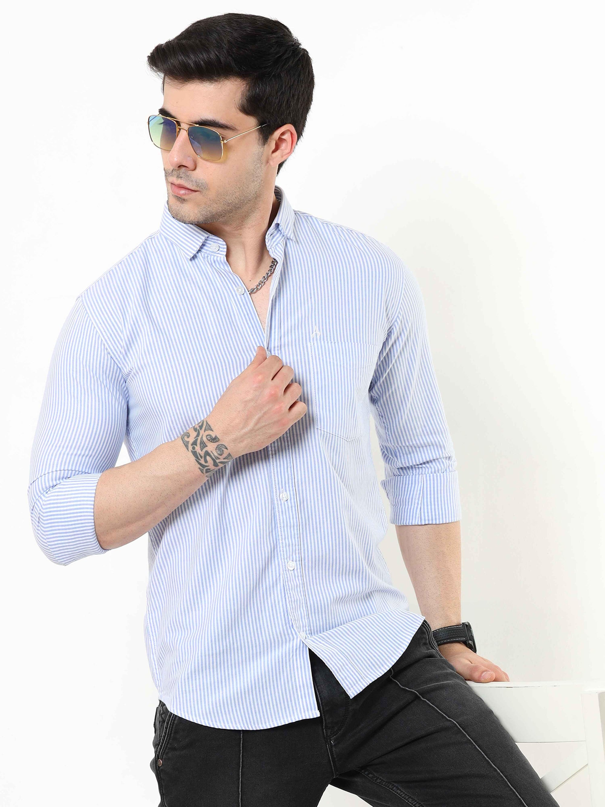 Azore Blue Slim Fit Stripe Shirt