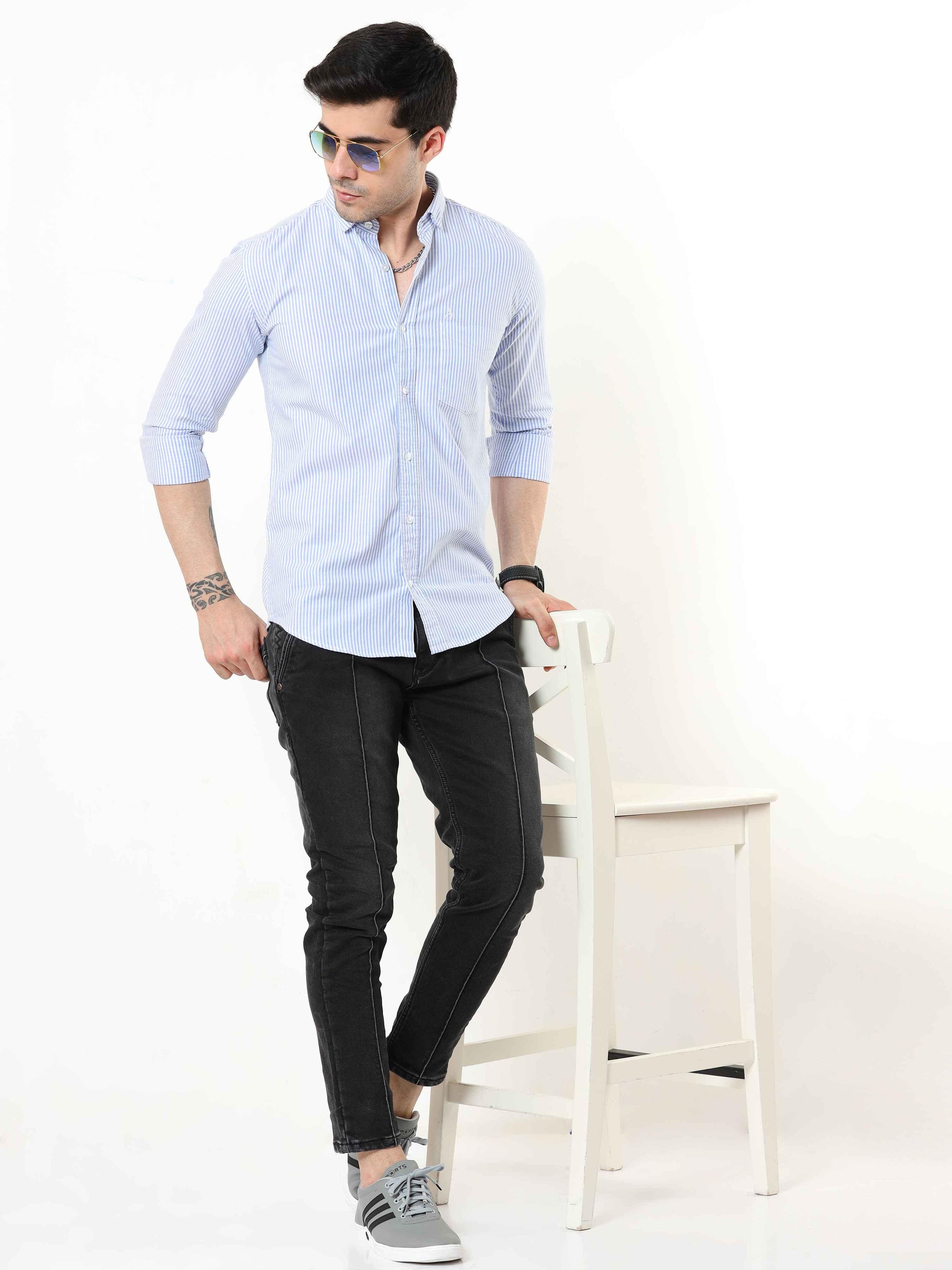 Azore Blue Slim Fit Stripe Shirt