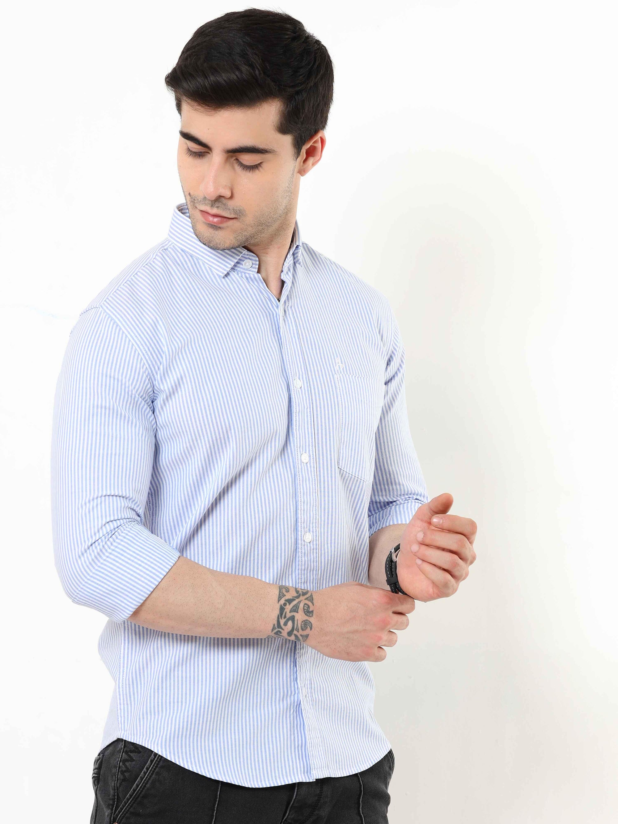 Azore Blue Slim Fit Stripe Shirt