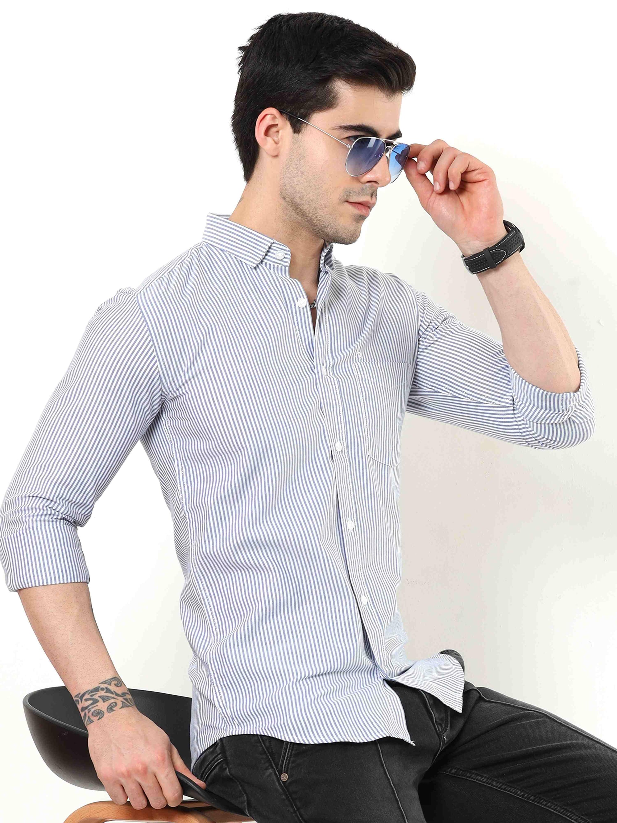 Navy Blue Slim Fit Stripe Shirt