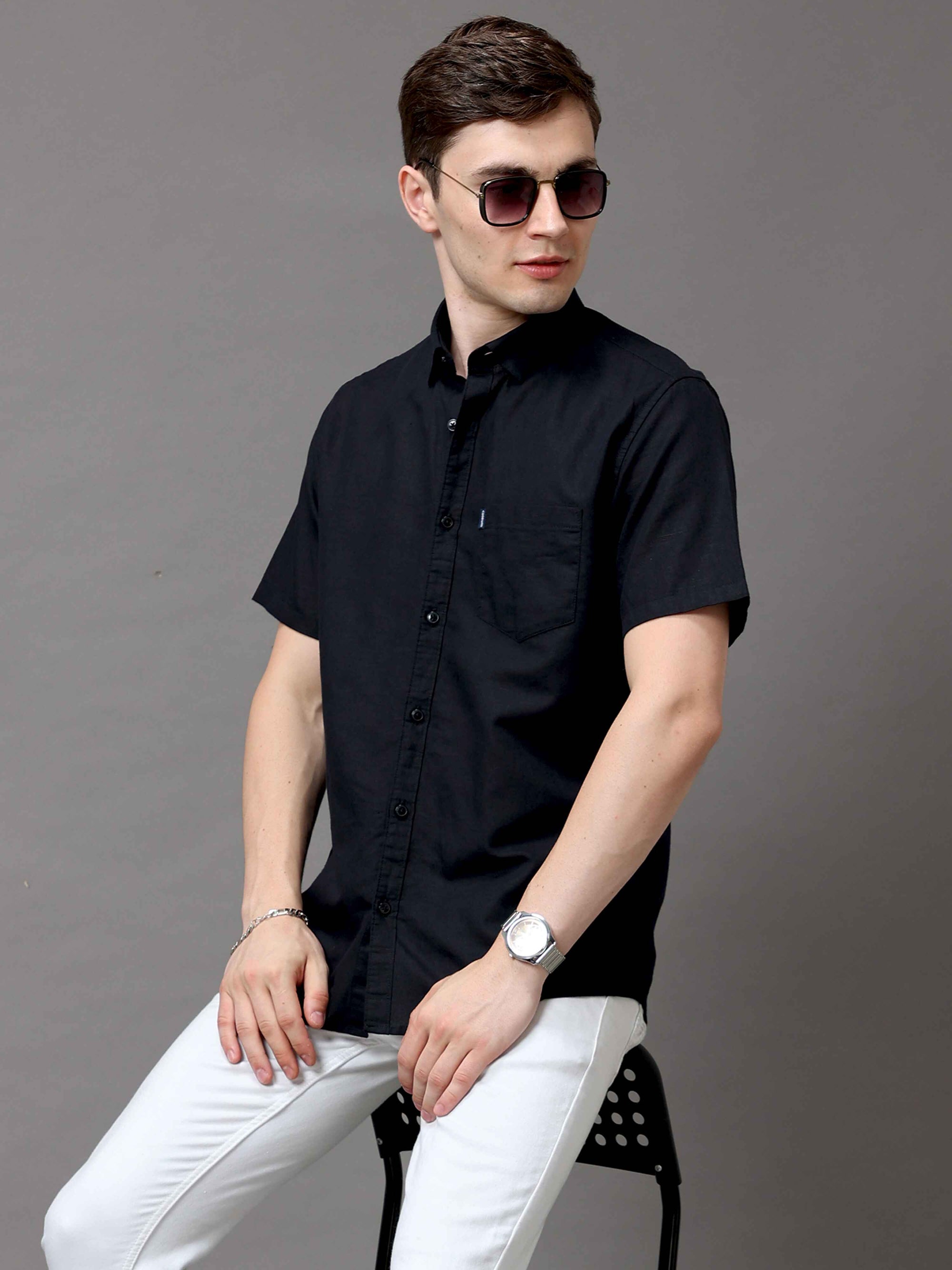 Slim Fit Black Half Sleeve Shirt