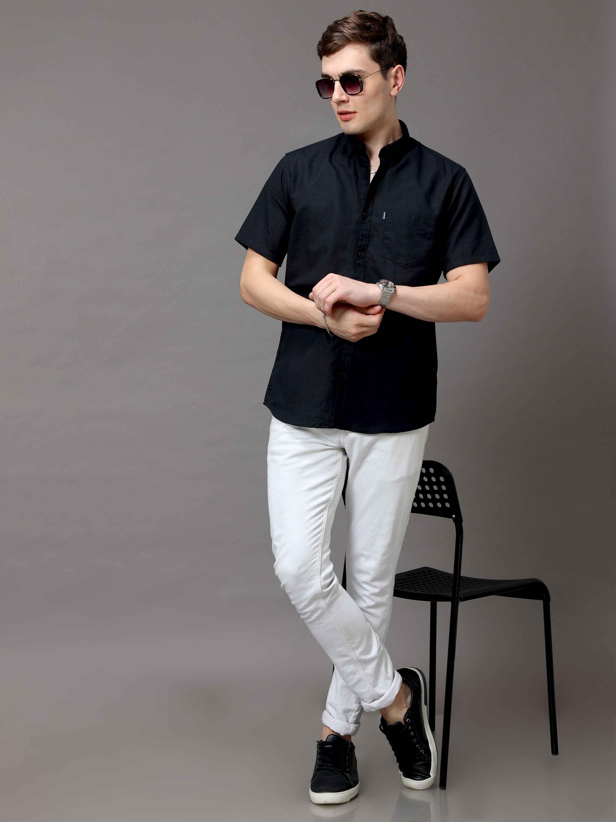 Slim Fit Black Half Sleeve Shirt