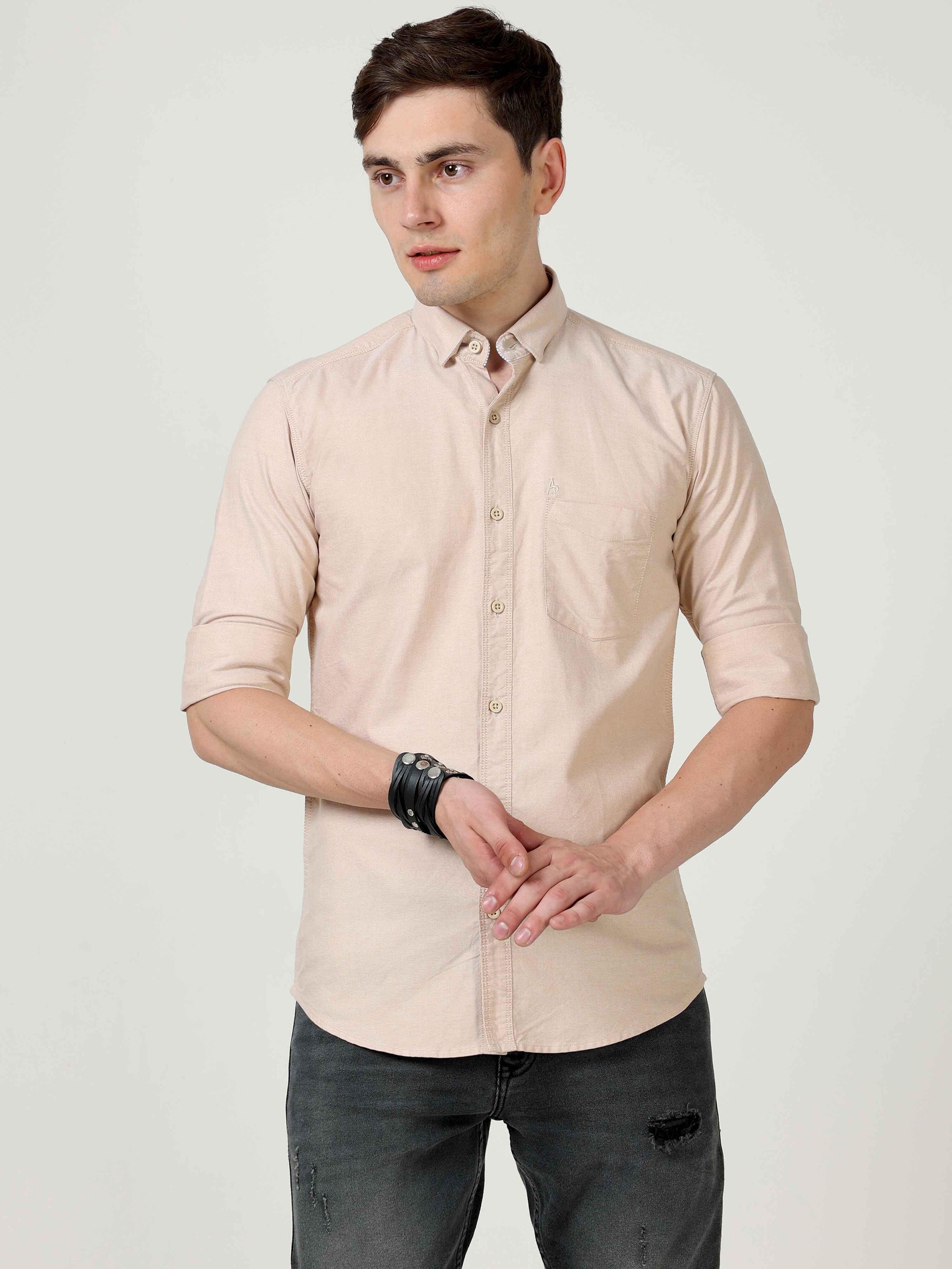 Slim Fit Beige Full Sleeve Shirt