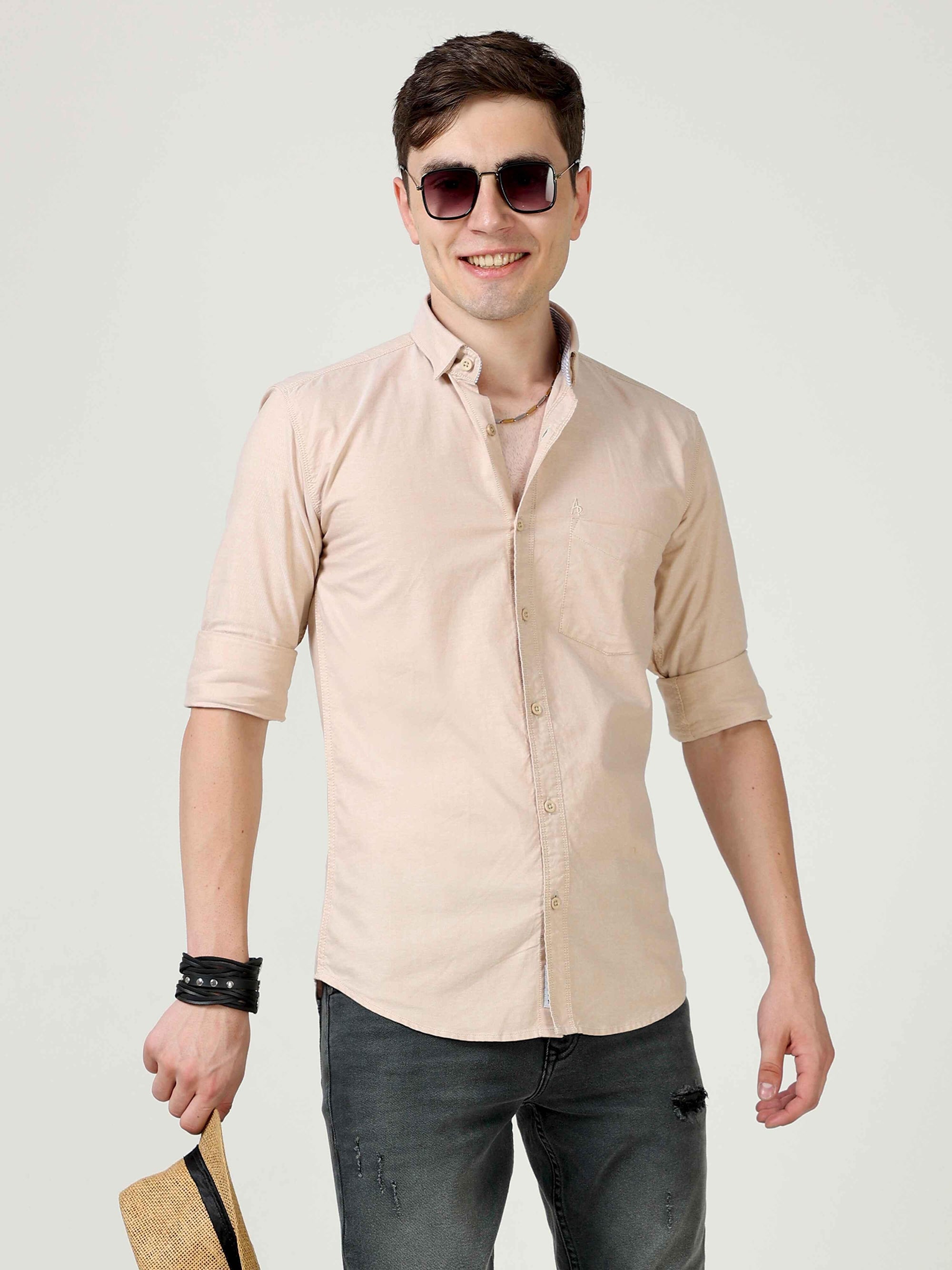 Slim Fit Beige Full Sleeve Shirt