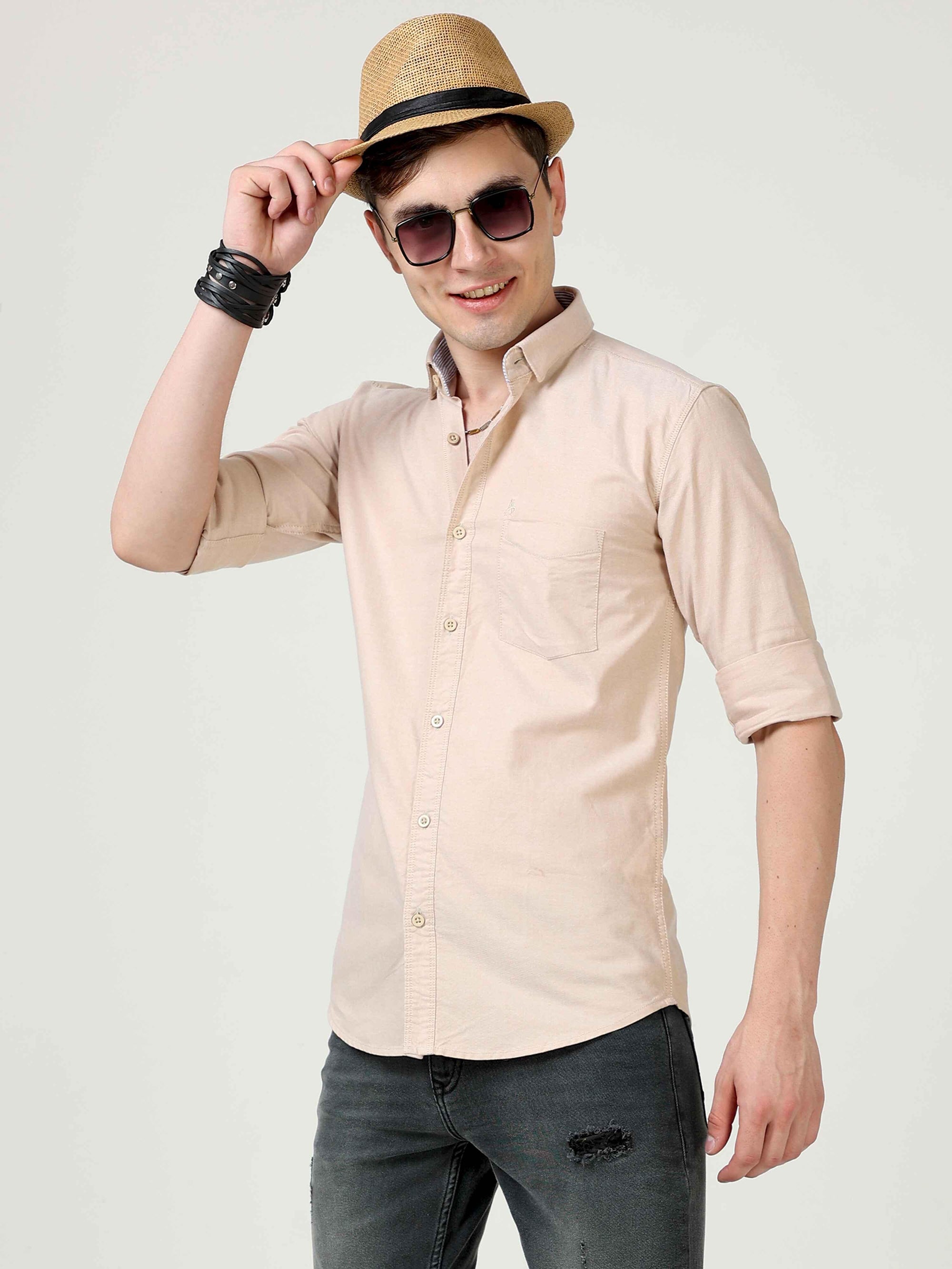 Slim Fit Beige Full Sleeve Shirt