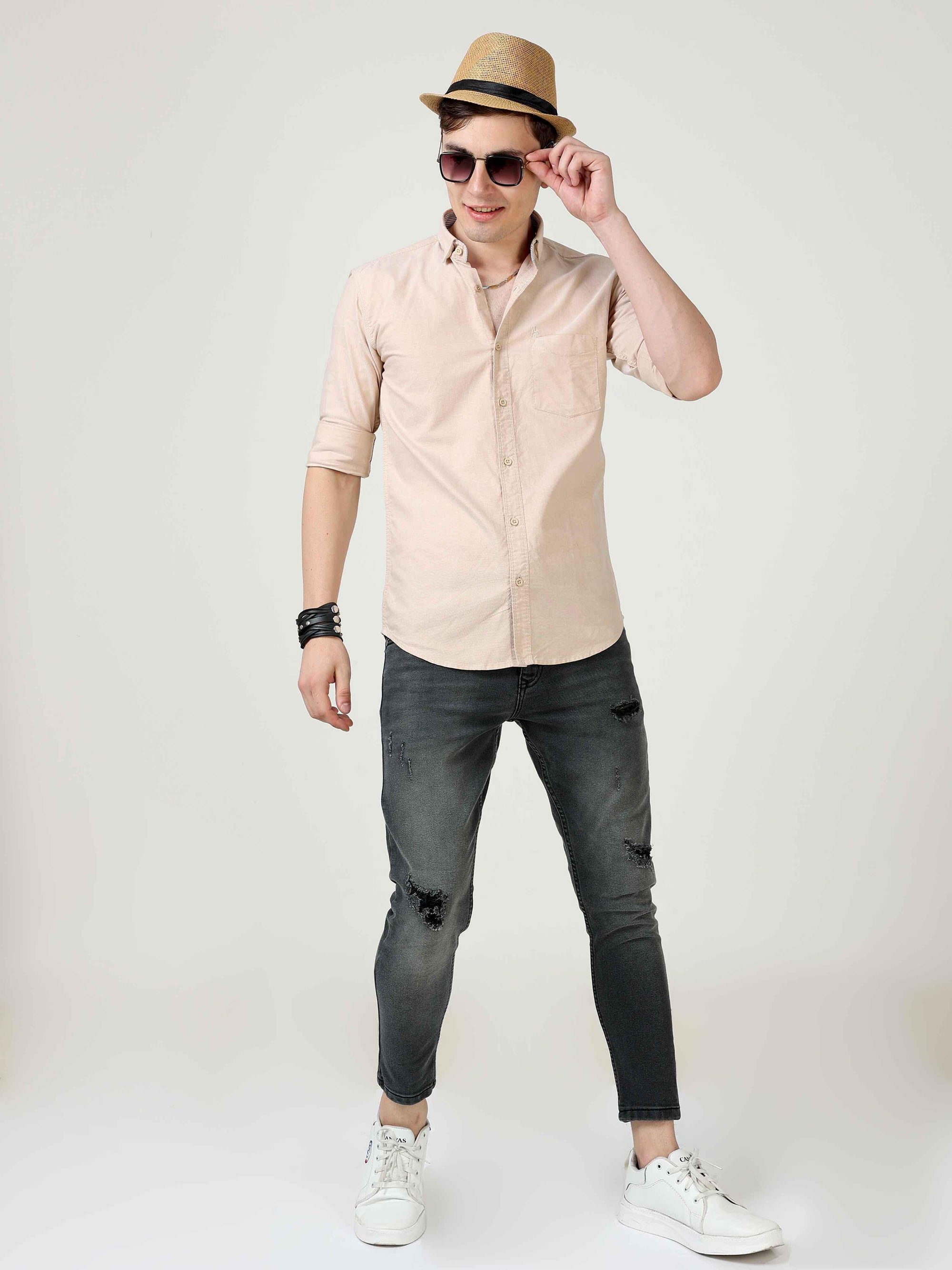 Slim Fit Beige Full Sleeve Shirt